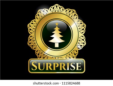  Gold emblem with christmas tree icon and Surprise text inside