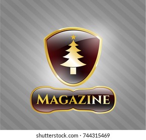  Gold emblem with christmas tree icon and Magazine text inside