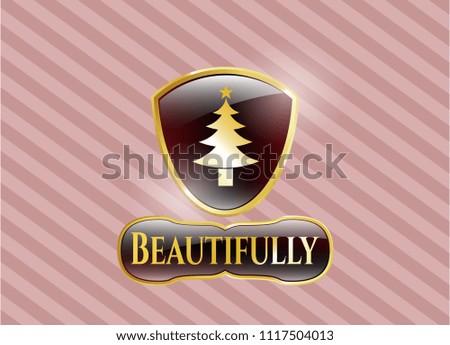  Gold emblem with christmas tree icon and Beautifully text inside