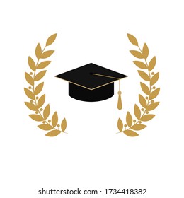 Gold emblem class on white background. Graduate hat and laurel wreath, vector illustration.