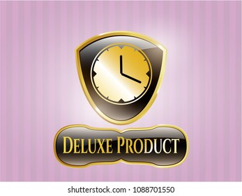  Gold emblem with clock, time icon and Deluxe Product text inside