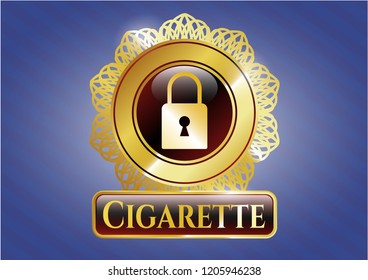  Gold emblem with closed lock icon and Cigarette text inside