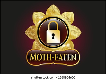  Gold emblem with closed lock icon and Moth-eaten text inside