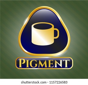  Gold emblem with coffee cup icon and Pigment text inside