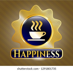  Gold emblem with coffee cup icon and Happiness text inside
