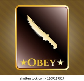   Gold emblem with combat knife icon and Obey text inside