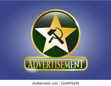  Gold emblem with communism icon and Advertisement text inside