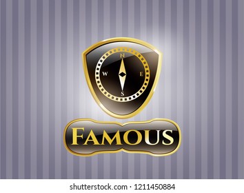  Gold emblem with compass icon and Famous text inside