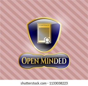  Gold emblem with contract icon and Open Minded text inside