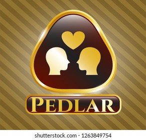  Gold emblem with couple in love icon and Pedlar text inside