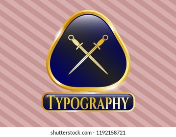  Gold emblem with crossed swords icon and Typography text inside