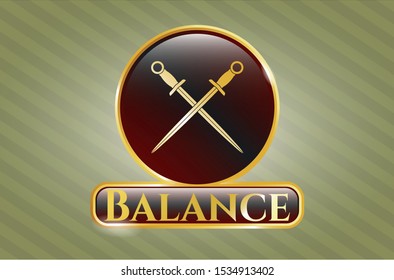  Gold emblem with crossed swords icon and Balance text inside