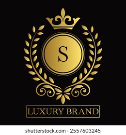 Gold emblem with crown laurel medallion and serif font on black background for luxury branding