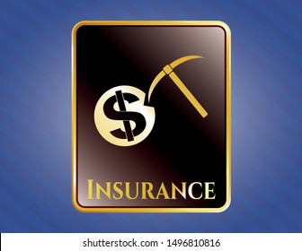  Gold emblem with cryptocurrency mining icon and Insurance text inside