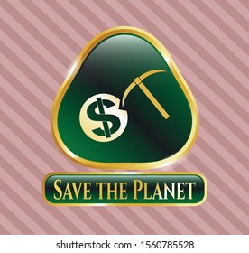  Gold emblem with cryptocurrency mining icon and Save the Planet text inside