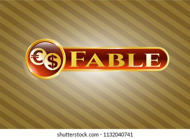  Gold emblem with currency exchange icon and Fable text inside