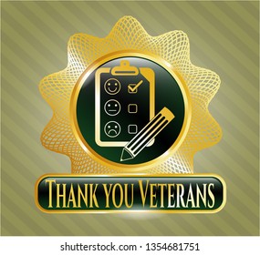  Gold emblem with customer feedback icon and Thank you Veterans text inside