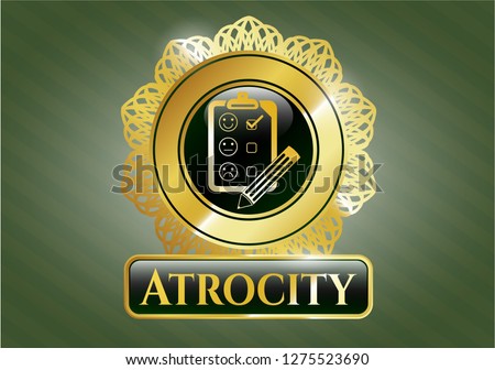  Gold emblem with customer feedback icon and Atrocity text inside