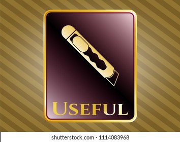   Gold emblem with cutter icon and Useful text inside