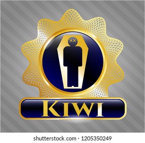  Gold emblem with dead man in his coffin icon and Kiwi text inside