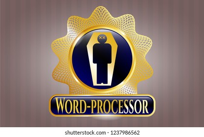  Gold emblem with dead man in his coffin icon and Word-processor text inside