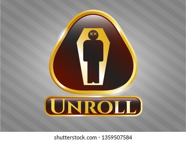  Gold emblem with dead man in his coffin icon and Unroll text inside