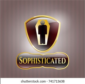  Gold emblem with dead man in his coffin icon and Sophisticated text inside
