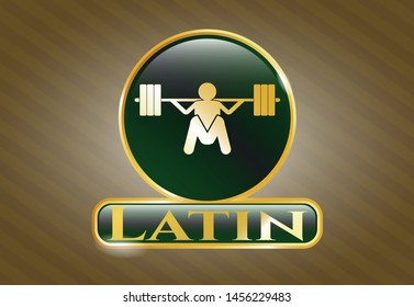  Gold emblem with deep squat icon and Latin text inside