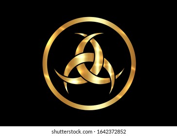 Gold Emblem Of Diane De Poitiers, Three Interlaced Crescents moon. Religion symbol, Odin icon. Golden luxury Celtic sacred flower Wiccan divination, tattoo tribal sign isolated on black background