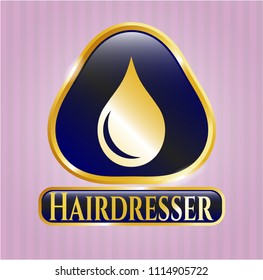   Gold emblem with drop icon and Hairdresser text inside