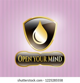  Gold emblem with drop icon and Open your Mind text inside