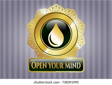  Gold emblem with drop icon and Open your Mind text inside