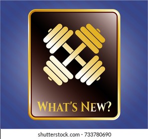  Gold emblem with dumbbell icon and What's New? text inside