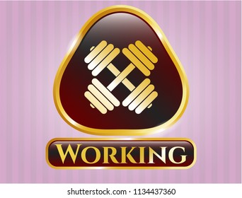  Gold emblem with dumbbell icon and Working text inside