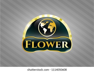  Gold emblem with earth icon and Flower text inside