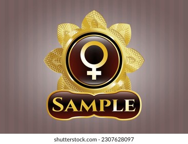 Gold emblem with female icon and Sample text inside