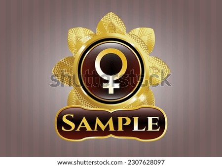 Gold emblem with female icon and Sample text inside