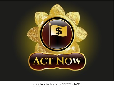  Gold emblem with flag with money symbol inside icon and Act Now text inside