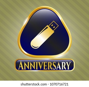   Gold emblem with flash drive icon and Anniversary text inside