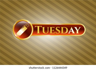  Gold emblem with flash drive icon and Tuesday text inside
