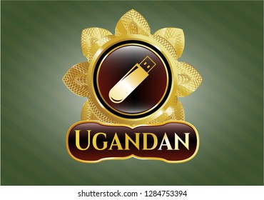  Gold emblem with flash drive icon and Ugandan text inside