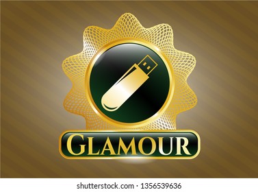  Gold emblem with flash drive icon and Glamour text inside