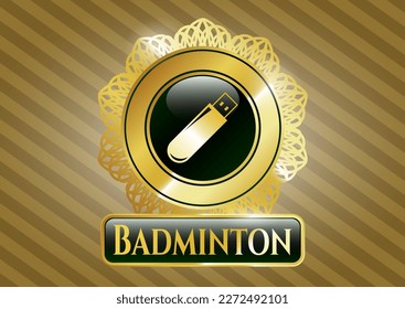 emblema dorado con icono de la unidad flash y texto de Badminton dentro