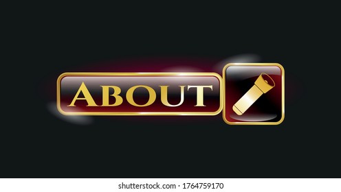 Goldenes Emblem mit Blitzlicht-Symbol und Info-Text im Inneren