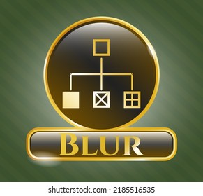 Símbolo dorado con icono de diagrama de flujo y texto de desenfoque dentro
