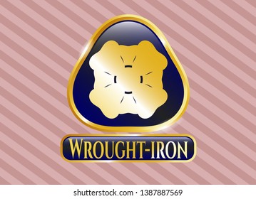  Gold emblem with four leaf clover icon and Wrought-iron text inside