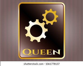  Gold emblem with gear, team work icon and Queen text inside