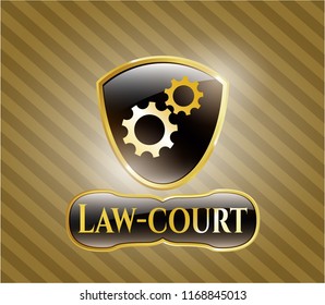  Gold emblem with gear, team work icon and Law-court text inside