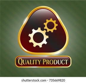  Gold emblem with gear, team work icon and Quality Product text inside
