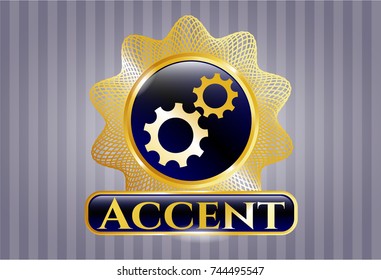  Gold emblem with gear, team work icon and Accent text inside